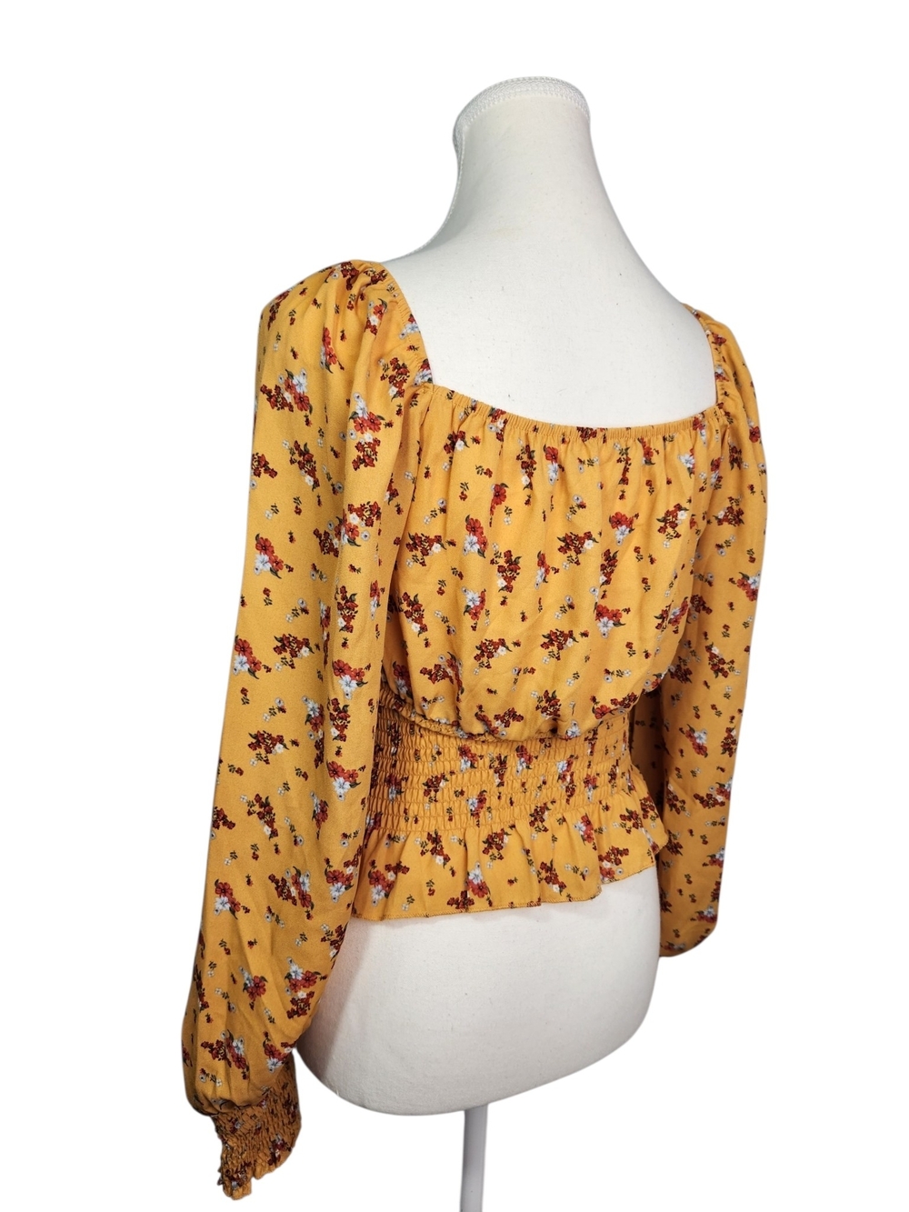 Ultra Flirt Floral Smocked Peplum Peasant Top Yellow Long Sleeve Square Neck S - Picture 4 of 13
